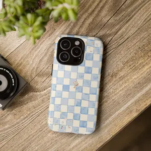 Blue and white grid floral pattern, durable and shock-absorbing glossy 2-in-1 phone case, suitable for iPhone 17, 16, 15, 14, 13, 12, 11 X, Samsung and other series models, can be given as a holiday gift to friends or home