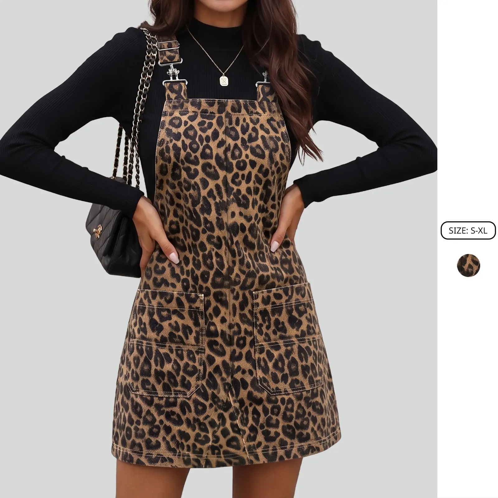 Imily Bela Womens Casual Leopard Denim Dress Summer Pinafore Overalls Romper Adjustable Straps Jumper Dress with Pockets