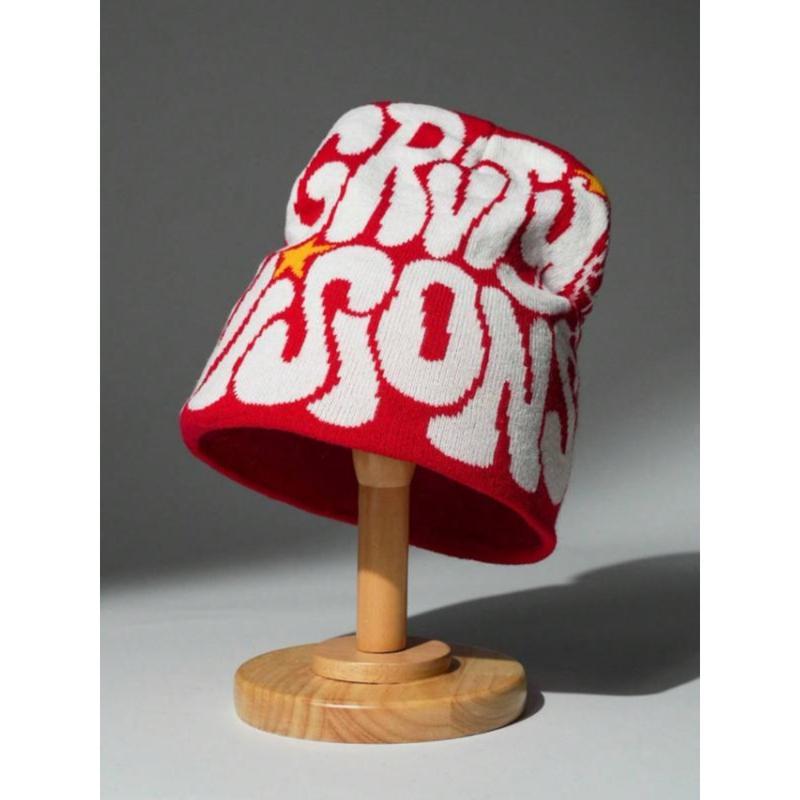 Men’s Letter Jacquard Spider Web Knit Hat Street Style Warm Beanie for Fall and Winter Fashionable Casual Winter Headwear