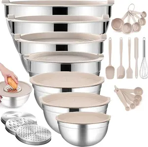 23-Piece Set with Lids: Chef's Mixing & Salad Bowl Set (7-Piece) Stainless Steel Khaki Nested Bowls with Grater Attachment, Non-Slip Base, Kitchen Bowl Sizes: 0.7, 1, 1.5, 2, 2.7, 3.6, 6.9QT for Mixing and Serving Stylish Tableware