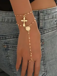 2pcs Golden Hand Chain Bracelets for Women Cubic Link Chain Bracelet Set Cuban Link Bracelet Trendy Ring Bracelet Hand Chain Jewelry for Her