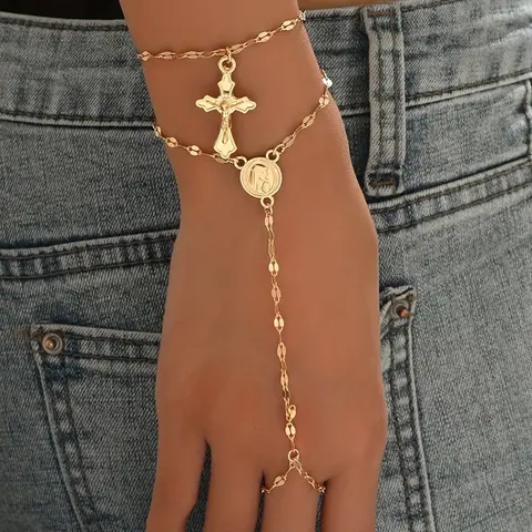 2pcs Golden Hand Chain Bracelets for Women Alloy Chain Bracelet Cubic Link Chain Bracelet Set Cuban Link Bracelet Trendy Ring Bracelet Hand Chain Fashionable Bracelet Jewelry for Her