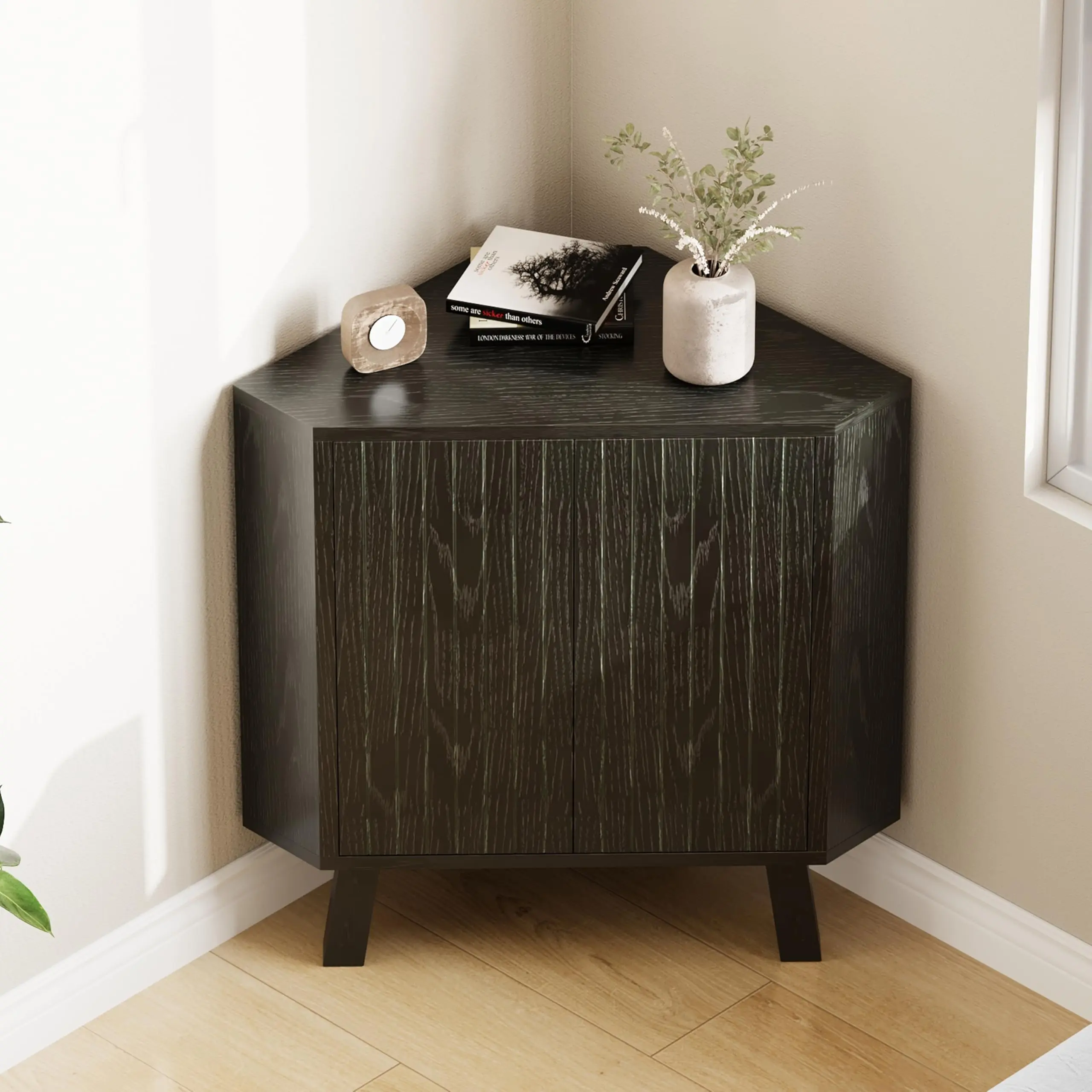 Garvee Farmhouse Corner Storage Cabinet with Adjustable Shelf, 3-Tier Industrial Wooden Corner Table with Doors, Triangle End Table for Living Room, Kitchen(31.5''x 15.7''x 30.7''), Black