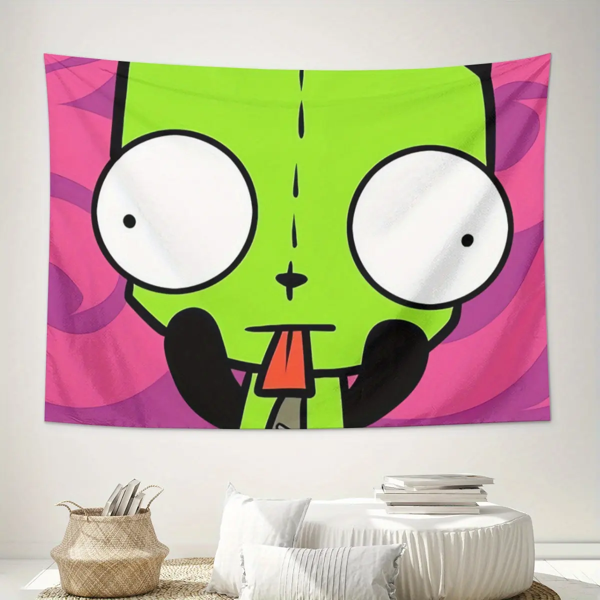 Invader Zim Gir Vintage Tapestry - 100% Polyester Peach Light Beige Fabric, Lightweight 90g, Vibrant Pink Swirl Design, A2 Size for Reading Nooks, Cozy Corners, Bedroom, Camping & Gifts