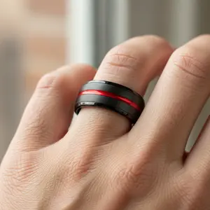 Men's Black Wedding Ring, Tungsten Ring, Men's Engagement Ring, Red Ion Plated Inlay, Unique Promise Ring Firefighter Tungsten Wedding Band