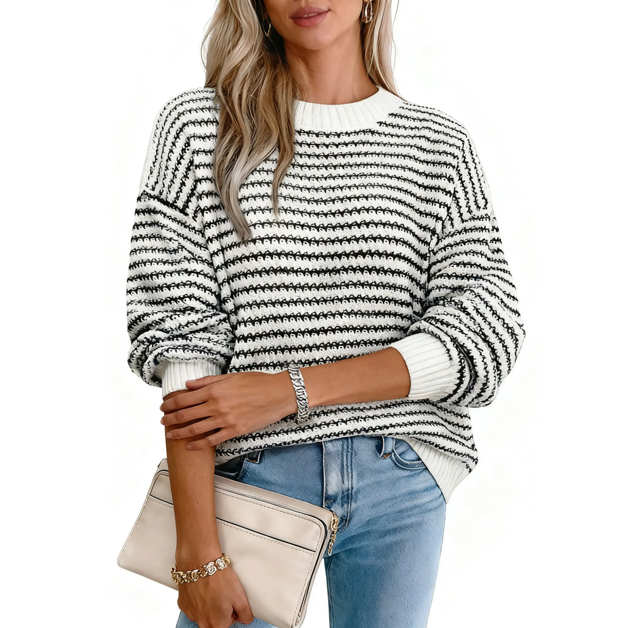 Chouyatou Women's 2025 Long-Sleeve Striped Round-Neck Loose Knit Pullover - Trendy, Chic, Elegant, Casual Autumn-Winter Knitwear for Pairing with Jeans, Skirts