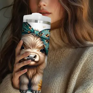 30oz Vacuum Flask, Stainless Steel Tumbler, Funny Dad Tumbler, 1 Count Cute Cow Pattern Water Bottle with Straw & Lid, Portable Insulated Water Bottle for Outdoor Travel, Drinkware