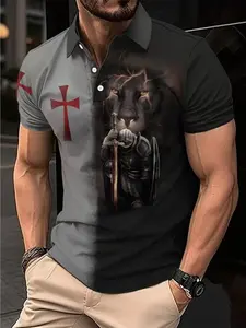 Men's Cool Lion Knight Print Polo Shirt, Fashionable Short Sleeve Fitted Top, Casual Trendy Clothing for All Seasons