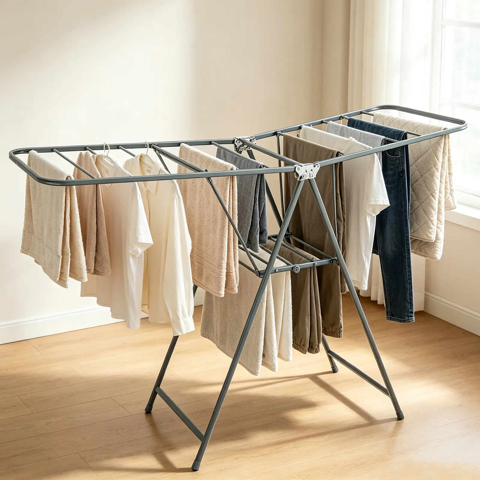 Foldable Portable Clothes Drying Rack, Stainless Steel Drying Rack Clothing with Height-Adjustable, Foldable Gullwings Laundry Drying Rack, Indoor Outdoor Use, No Assembly