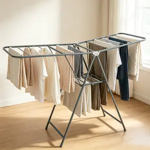 Foldable Portable Clothes Drying Rack, Stainless Steel Drying Rack Clothing with Height-Adjustable, Foldable Gullwings Laundry Drying Rack, Indoor Outdoor Use, No Assembly