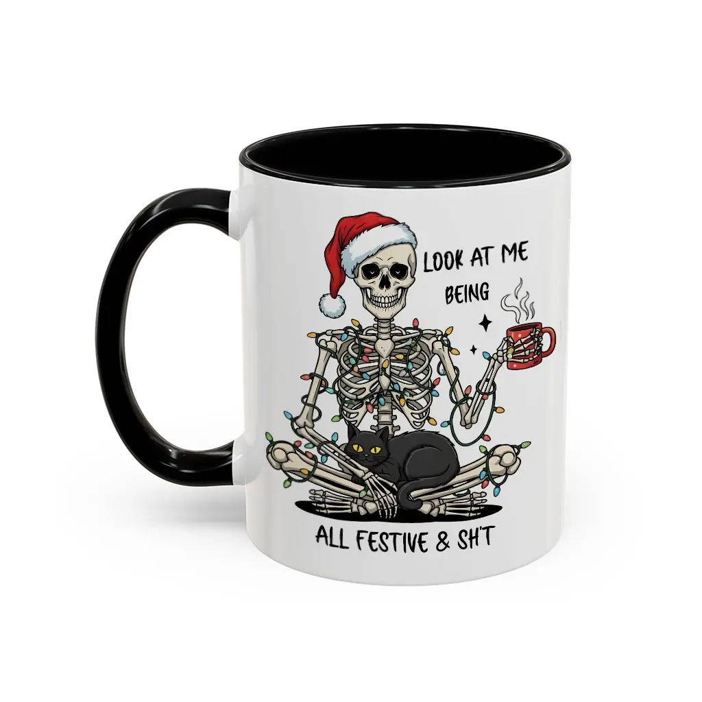 Funny Skeleton Christmas Mug, Festive Holiday Coffee Cup, Gothic Santa Skeleton with Cat, Spooky Xmas Gift Idea, Dark Humor Holiday Mug - skl10145