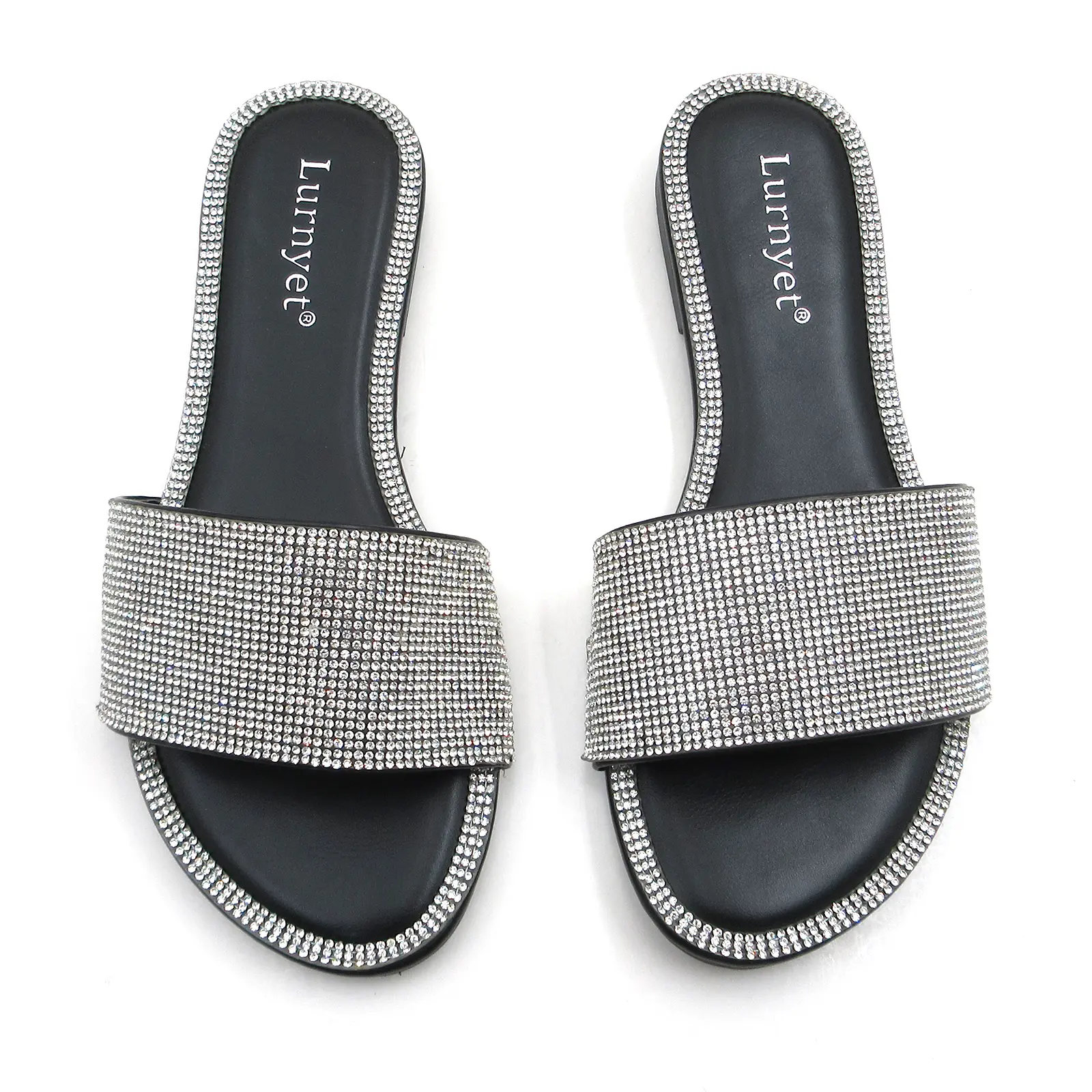 Women Full Rhinestone Embellished Flat Slide Sandals, All Over Sparkle Crystal Slip On Open Toe Slides, Soft Leather Insole Non Slip Casual Beach Party Dress Sandals, Versatile Comfort Summer Footwear for Women Teen to Mature Ladies open-toe slipper sole