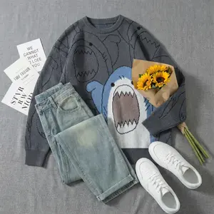 Unisex Cartoon Pullover Sweater 2026 Autumn Winter Oversized Lazy Style Crew Neck Polyester Knitwear for Couples