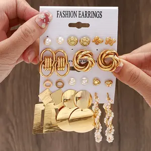 1set European and American metal style butterfly flower twist polygonal imitation pearl ladies earrings earrings multi-piece set ladies party travel holiday Christmas gifts,high-appearance, retro-chic, light luxury, exquisite, ethereal