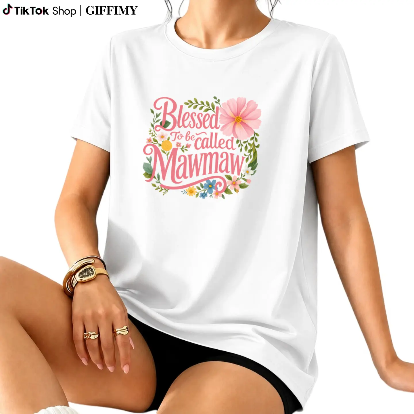 Women's Floral Graphic T-Shirt - Blessed to Be Called Mawmaw - Soft Pinkish-Brown Crew Neck Tee, Lightweight Breathable Everyday & Gift Top for Grandma, Mother's Day, Birthday, Christmas - Grandma Apparel, Casual Wear, Short Sleeve Shirt