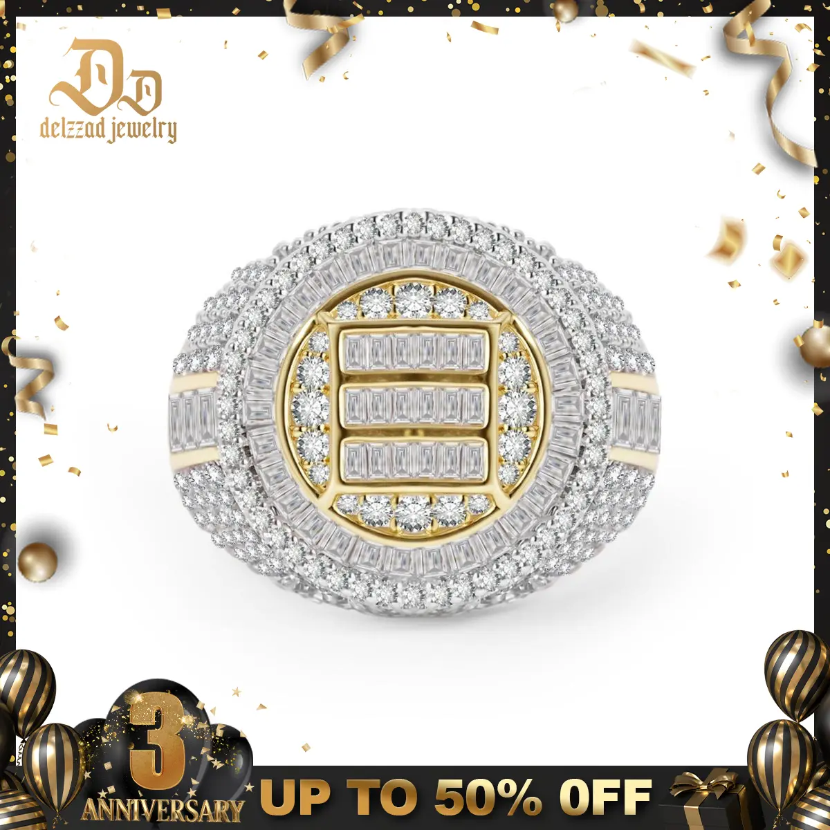 Delzzad 14K Gold-Plated 3ct The Sovereign Ring Glacier Band Fully Iced-out Hip Hop Ring VVS Synthetic Moissanite Ring Jewelry Unisex Hip Hop Ring Perfect Birthday Engagement Wedding Anniversary Christmas Valentine's Day Gift