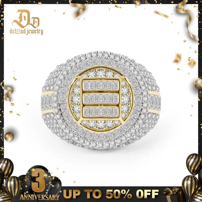 Delzzad 14K Gold-Plated 3.5ct The Sovereign Ring Glacier Band Fully Iced-out Hip Hop Ring VVS Synthetic Moissanite Ring Jewelry Unisex Hip Hop Ring Perfect Birthday Engagement Wedding Anniversary Christmas Valentine's Day Gift