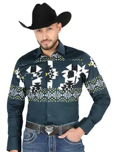 Men’s Long Sleeve Snap Button Western Shirt - Teal 44486