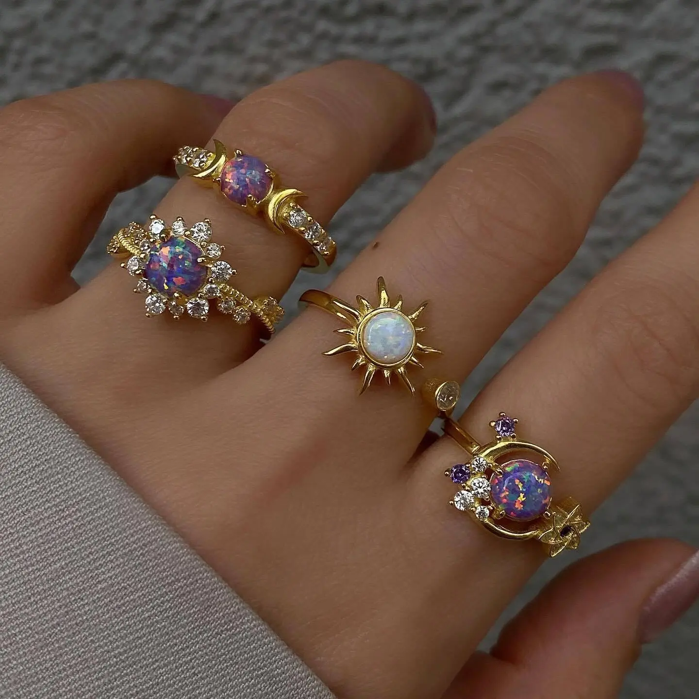 Women’s Sun & Moon Gemstone Stackable Ring Set - Celestial Geometric Motifs, Sparkling Crystal Detail, Minimalist Light Luxury Costume Jewelry, Accessories for Women, Mother's Day Daily Wear Gift