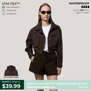 PUFFIT STM-TEX Cropped Detachable Hood Summer Rain Jacket with Drawstring Hem,WaterProof,Stain Resistant,Windproof,Women's Rain Jacket,Breathable Stylish,Inner Pocket Design,Outdoor Sport,Spring Jacket,School Running,Dog Walking,Football Mum
