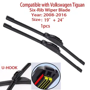 Front windshield wiper blade, 1-piece U/J connector, sizes 19 inches and 24 inches, suitable for 2008-2016 Volkswagen Tiguan six-rubber-strip frameless wipers