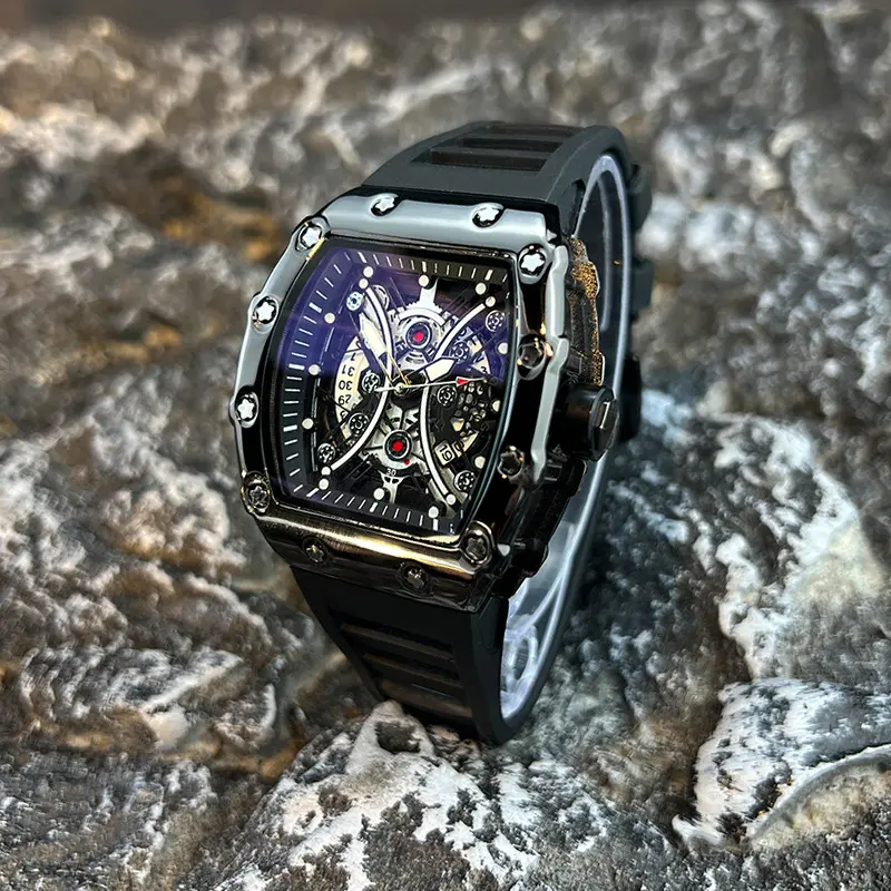 Men's sports watch featuring a barrel-shaped dial, luminous function, and calendar.