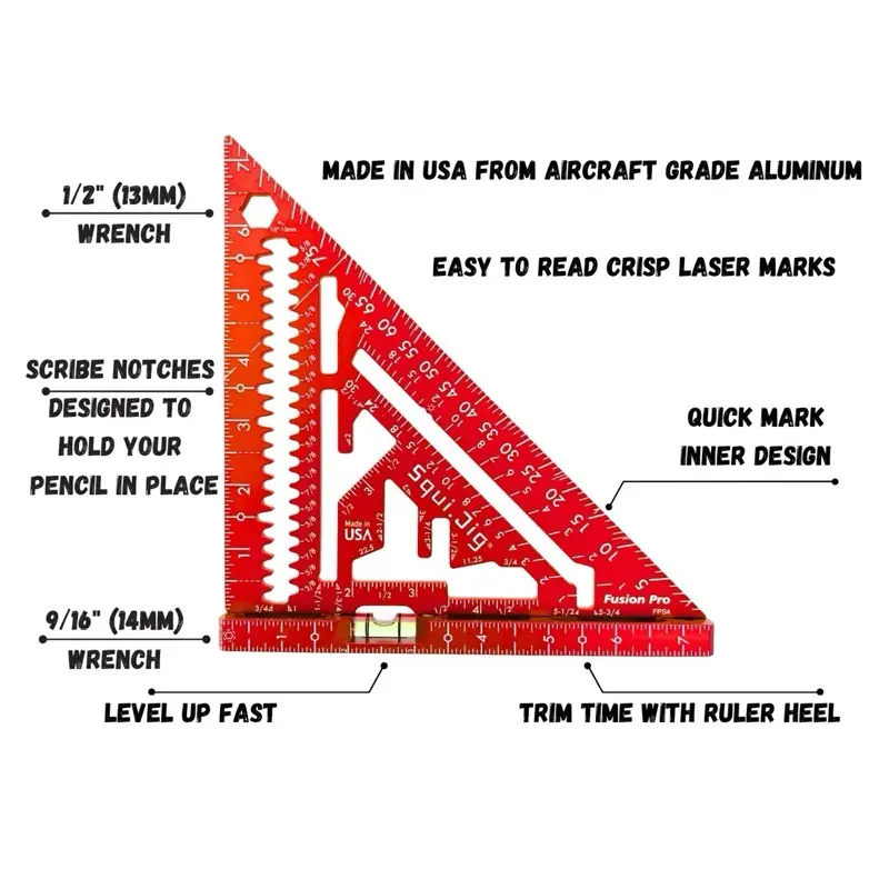 7.5" Fusion Pro Square - Redneck The Fusion Pro- Made in USA Next level of rafter squares!  Level up Fast Trim time with ruler heel Quick mark inner design Easy to read crisp laser marks Built in blade wrenches 1/2" (13mm) & 9/16" (14mm) Scribe notches de