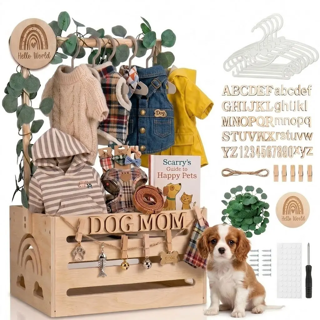 Pet Clothes Storage Organizer Box With Hangers And Hooks, Pet Wardrobe Closet, Cute Clothing Rack Stand Holder For Dogs Cats Puppy Kitten Apparel Accessories And Toys Display (20" x 11" x 9")