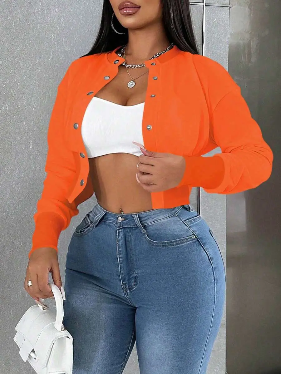 Women's Plain Color Long Sleeve Single-Breasted Casual Baseball Jacket Fall Winter Cloth For Women