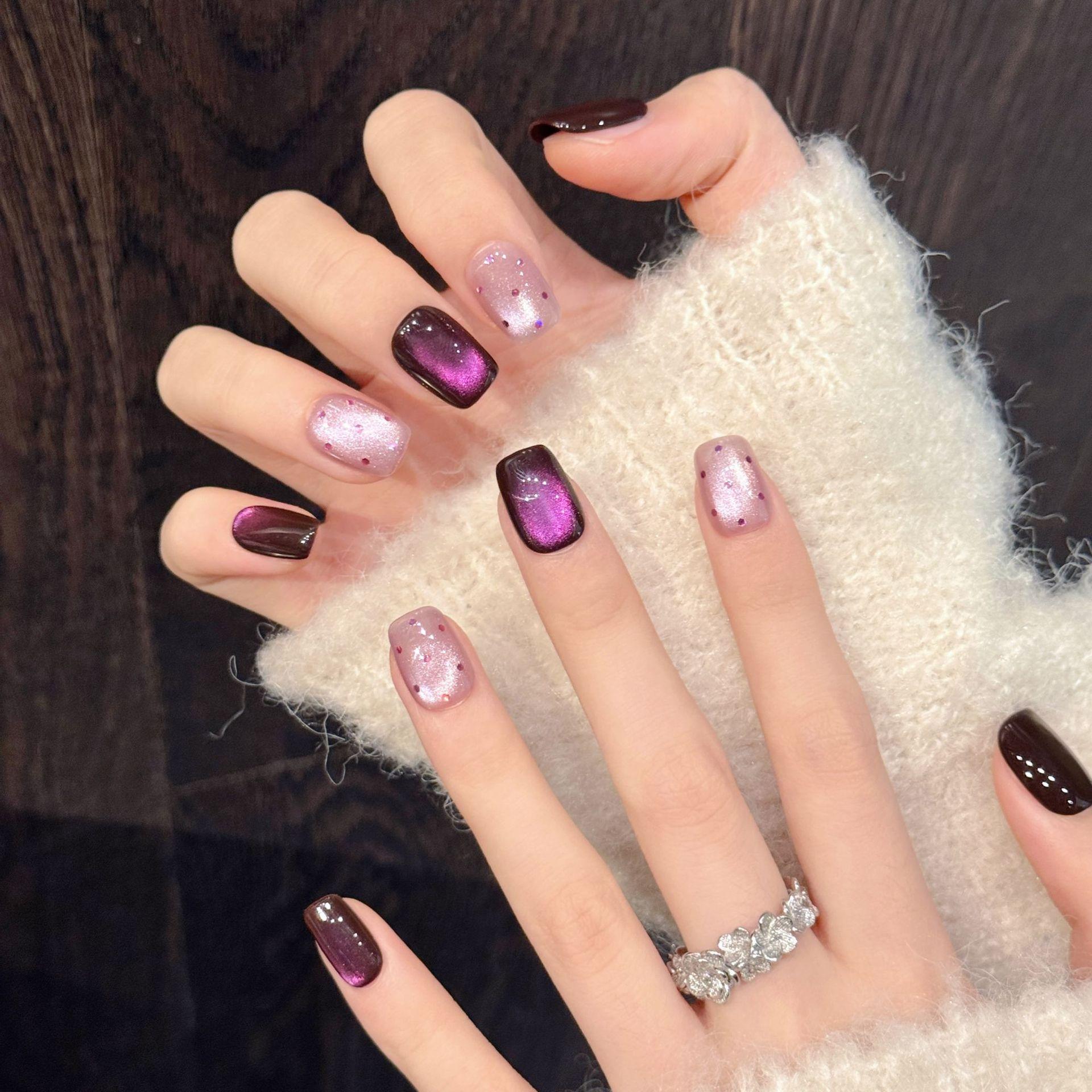 【Lucy UU】Gorgeous Grape Purple Cat Eye Press On Nails With Rhinestone Dots Short Square New Medium Square Shape Handmade Reusable Luxury Fake Nail For Women