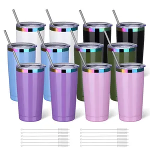 FASTSUB 20 oz Rainbow Plated Tumbler with Lid and Straw 12 Pack, Stainless Steel Double Wall Vacuum Insulated Cup for Laser Engraving Custom Design