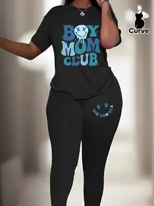 [Plus Size] Two-piece Set Fitted Cartoon Graphic Tee & Elastic Waist Skinny Pants, Round Neck Short Sleeve T-shirt & Trousers, Casual Summer Fashion Clothes Set for Daily Wear Womenswear