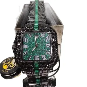 Men’s Black Iced Out VVs Stainless Steel Round Watch Face Timepiece - 43mm, Waterproof, Roman Numeral Dial, Black & Green Bezel, Unique Gifts for Man, Quartz Wrist Fashion Watch