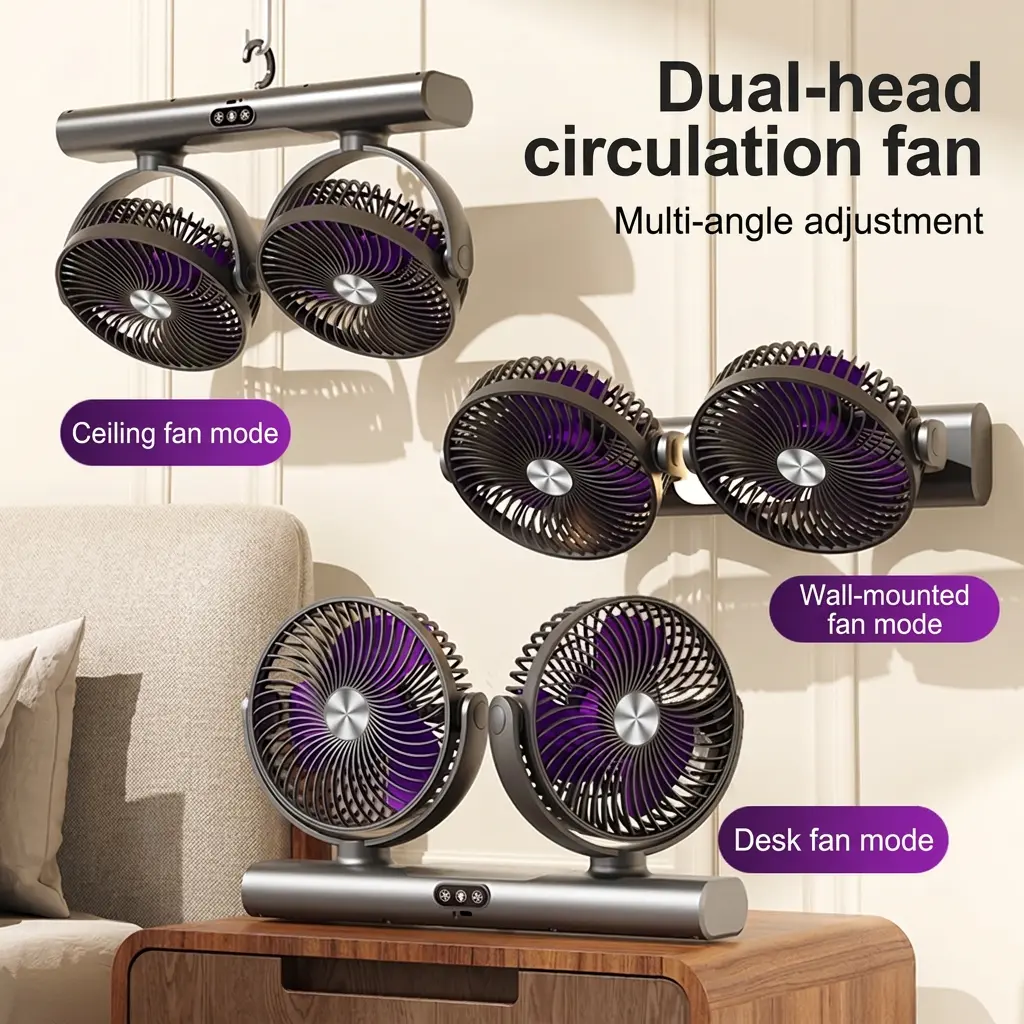 Portable Desktop Double-headed Three-leaf Air Circulation Fan, USB Charging Desktop Soft Sound Fan, Household Wall-mounted Fan, 3-gear Adjustment Of Strong Wind, Multi-angle Air Supply, Atmosphere Night Light, Suitable For Camping, Home And Office