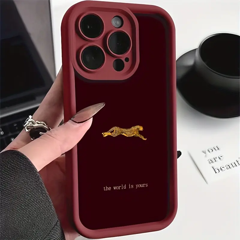 Phone case: Running Cheetah with Inspirational Text on Deep Red Background Case for iPhone 17 Pro Max, iPhone 14/13 Pro/16/15/17/12/11/X/XR/XS Max, Shockproof Full-Body Protection, Red Stain- TPU Material, Multiple Models