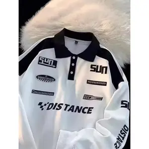 Japanese Lapel Racing Suit Top - Men's Spring & Autumn Trendy Brand Polo Shirt, Retro Style, Long-Sleeved Fabric for Gifts