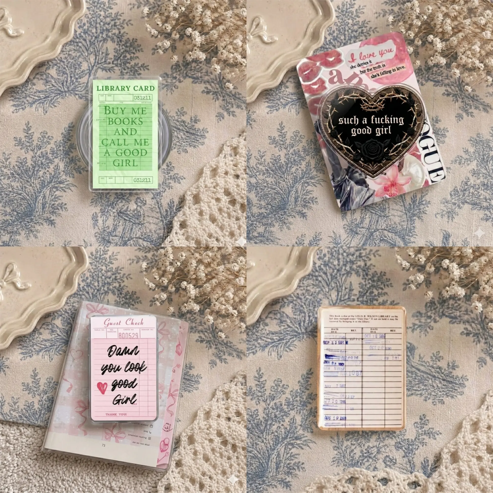 Stationery Aesthetic Phone Grip Set – Vintage Library Card & Guest Check Pop Socket, Sassy Quote Phone Holder, Unique Collapsible Stand for Smartphone, Trendy Gift for Book Lovers