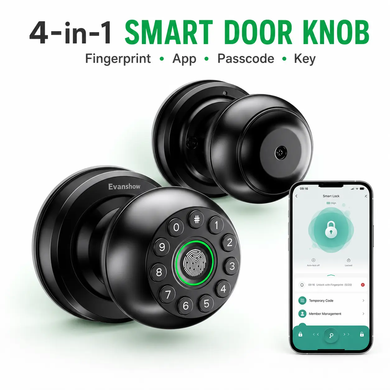 Evanshow Smart Door Knob Fingerprint Lock 4-in-1 Keyless Entry (Fingerprint/App/Code/Key) Biometric Door with Auto-Lock Easy Install for Home/Bedroom/Office