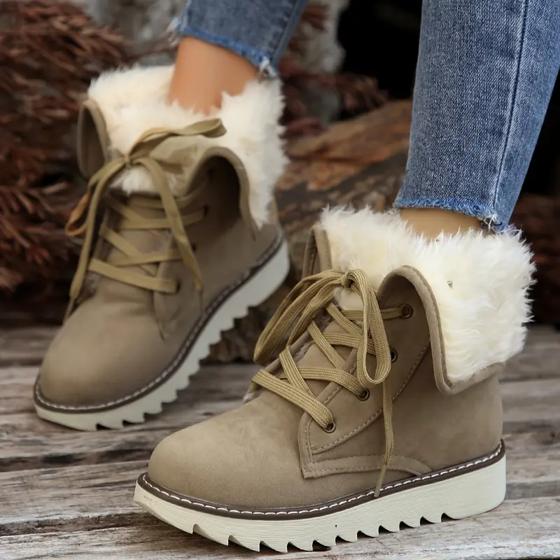 [Fleece-Lined Booties] Winter Fleece-Lined Women's Ankle Booties | Lace-Up Round Toe Flat Sole, TPR Traction Outsole & Soft Fabric Lining for Cold Weather, Casual Semi-Formal Outfits