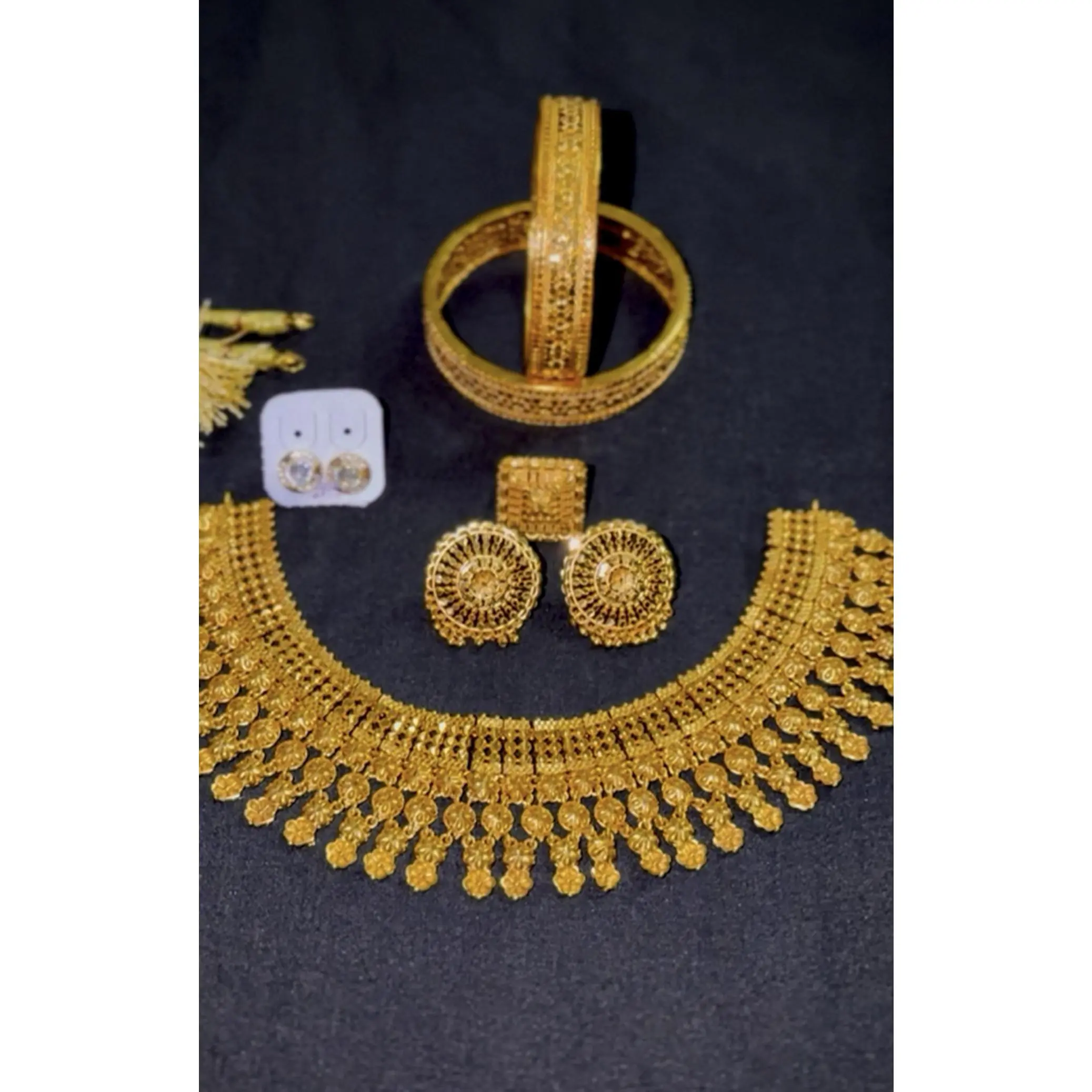 Heavy Premium Goldplated Necklace Set with Earrings Ring Bangle and Top Durable for Daily Use Lasts Over 4 Months