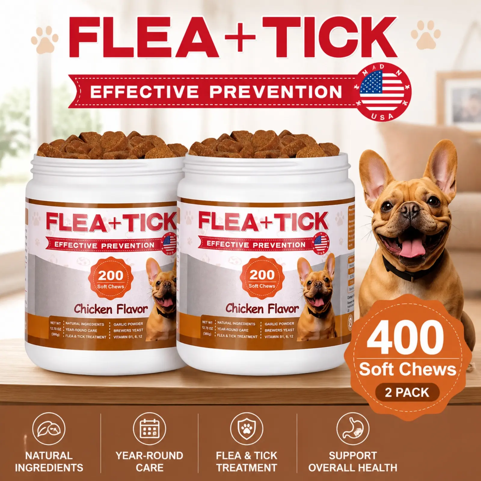 Flea and Tick Prevention for Dogs Bundle | 2 Pack Soft Chews for Daily Dog Wellness, All Breeds & Sizes, Chicken Flavor