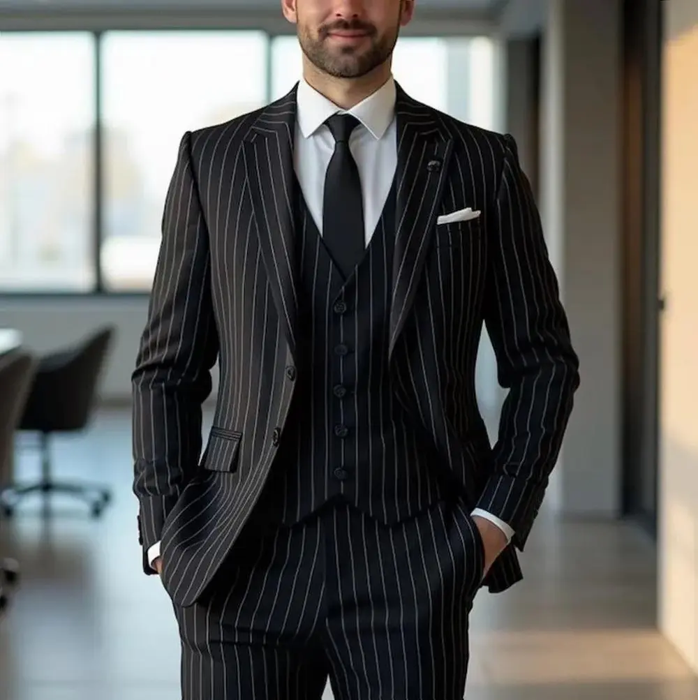 Black Vertical-Stripe Mens Formal Suit Three-Piece Set