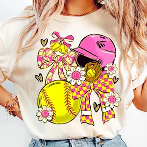 Softball Coquette Comfort Colors Shirt, Game Day Softball Tee, Floral Softball Bow Shirt, Softball Mama Checkered T-shirt