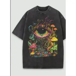 Men'S Heavyweight Washed Distressed T-Shirt - Oversized Retro Streetwear Tee with Psychedelic 60s/70s Retro Graphic Print (Candy Crowns, Mushrooms, Peace Signs) - Vintage Hip-Hop Style, Loose Fit Casual Shirt for Concerts & Casual Attire
