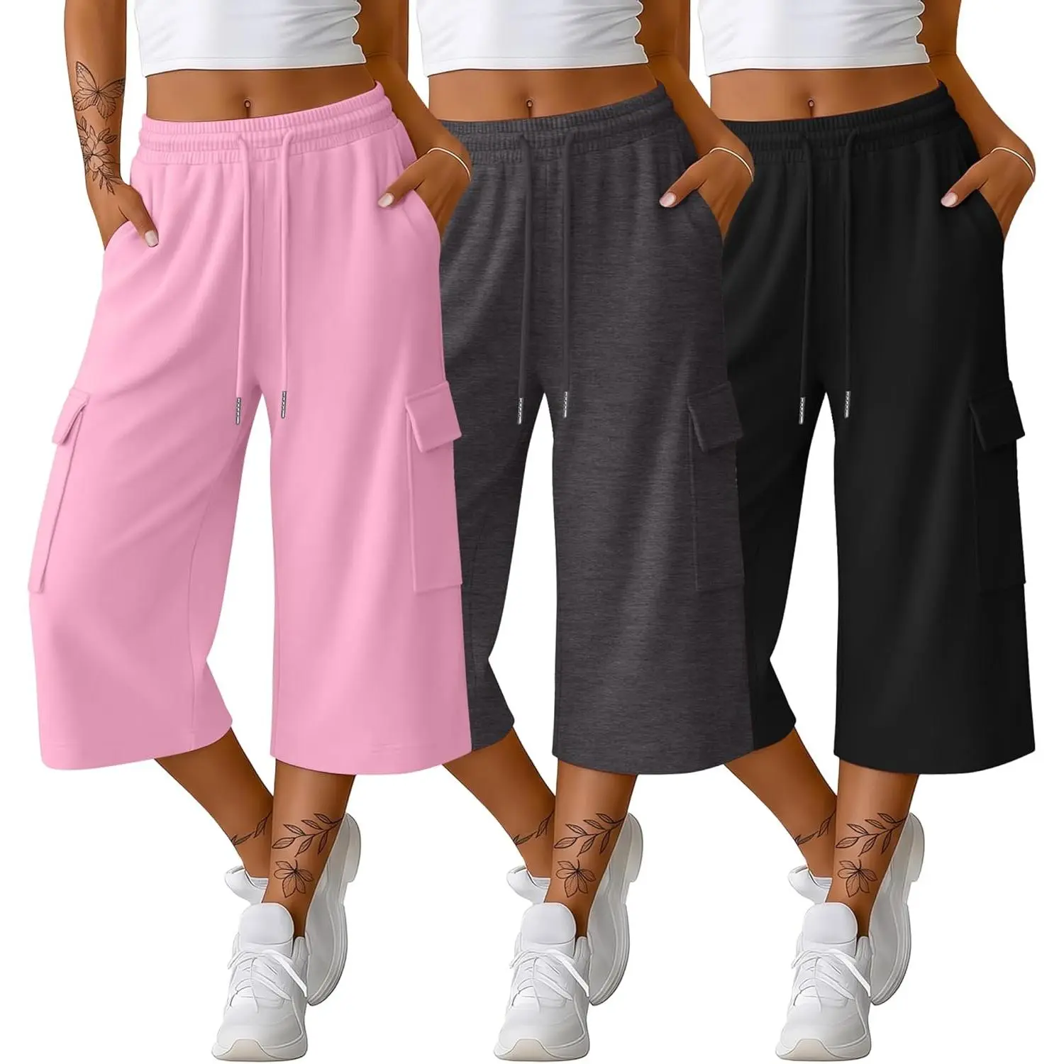 Women's 3 Pack Baggy Cargo Capris, Wide Leg Cropped Polyester Sweatpants with Pockets for Casual Outdoor Workout, Bottoms, Breathable, Comfy, Fabric