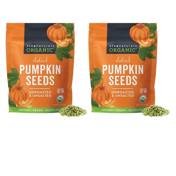 Viva Naturals Organic Pumpkin Seeds,2 lb (32 oz,907 g) – Shelled,Unroasted,Unsalted,Non-GMO,Vegan,Good Source of Iron & Dietary Fiber,Perfect for Salads,(Pack of 2)