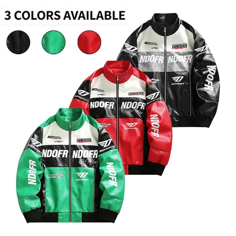 Men’s color-block racing- faux leather jacket with vintage letter print, stand collar, and zipper closure; loose street- windbreaker available in three colors. autumn fashionable style