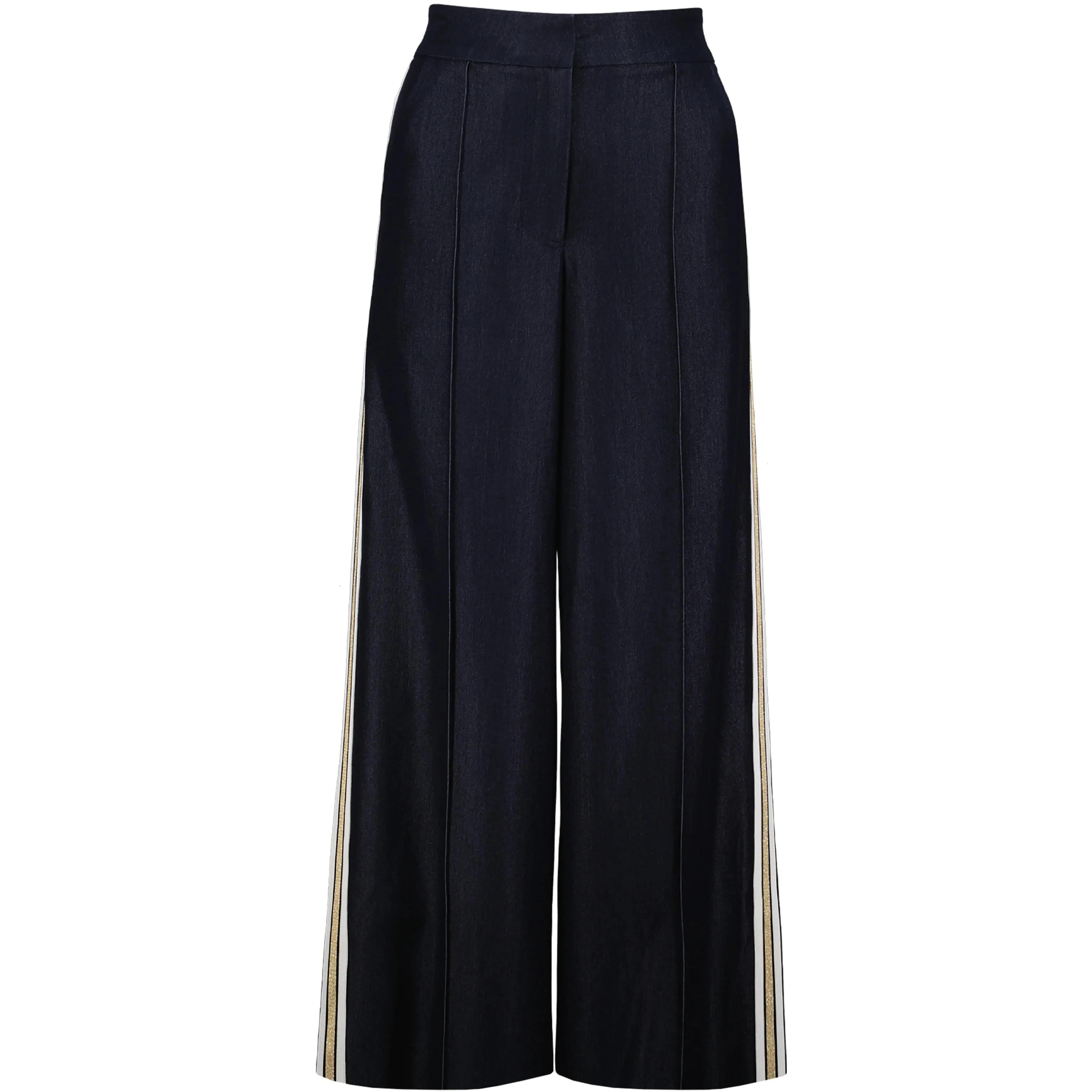 Men's Preppy Tencel Menswear Pants - Navy, Sporty Wide Leg, Center Pintuck, Lurex Trim, Stretchy Loose Fit, Zip-Up Waist, True-to-Size Modern Design, Trouser, Side Lurex Trim, Pintuck Detail, Ease With Stretch, Modern Interpretation Of Preppy, Dry Clean O