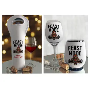 Funny Feast Mode Thanksgiving Wine Bag or Wine Glass Sleeve, Turkey Weightlifting Barbell, Gym Workout Fitness, Beast Mode, Gift for Trainer