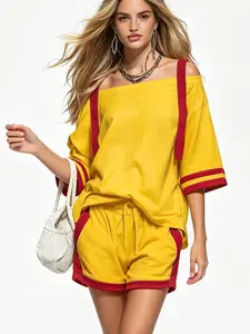 Womens 2 Piece Outfit Off Shoulder Top and Shorts Set 2026 Summer Casual Loungewear Athletic Tracksuit Sweatsuit Activewear Sports Matching Set Trendy Chic Everyday Wear Comfortable Breathable Yoga Running Gym Y2K Fashion Apparel